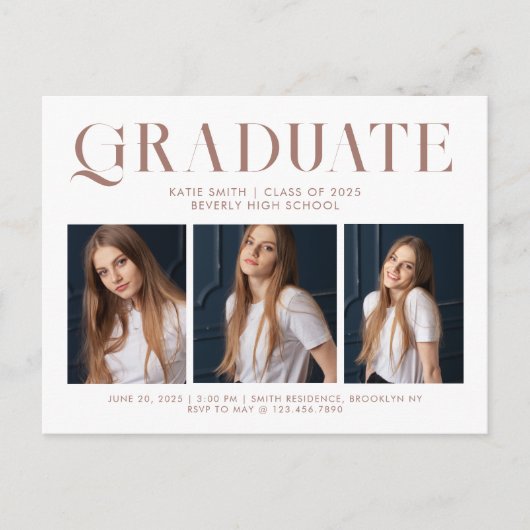 モダンエレガントミニマル卒業三枚写真 インビテーションポストカード (正面)