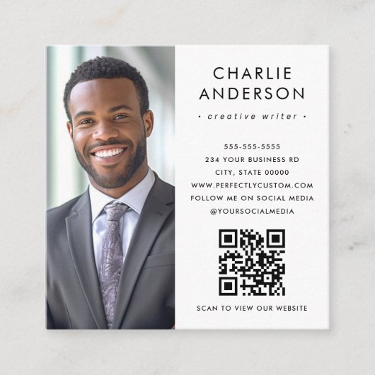 モダンエレガントミニマル白写真QRコード スクエア名刺 (正面)