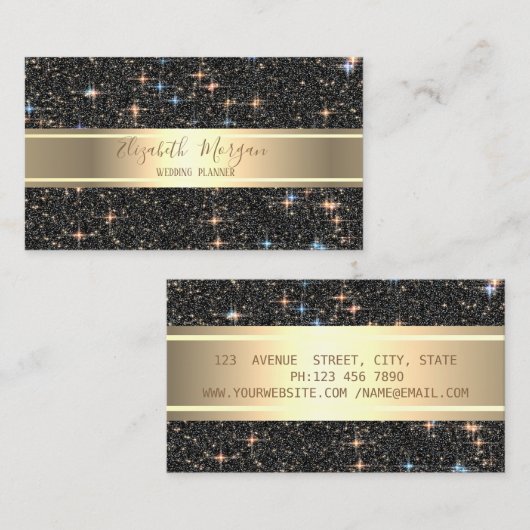 モダンエレガントラグジュアリーブラックグリッター金ゴールドストライプ 名刺 (正面/裏面)