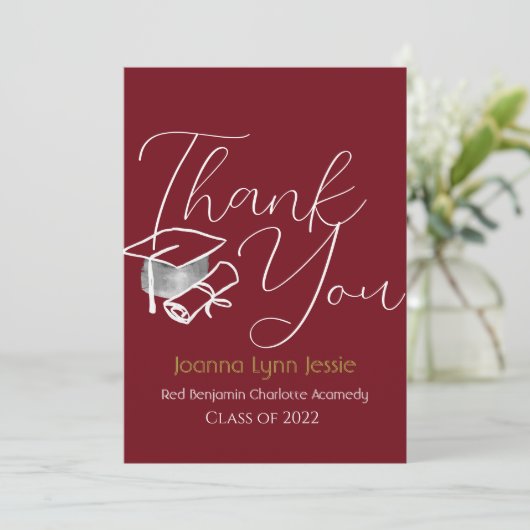 モダンエレガント卒業ホワイトキャ感謝していップスクリプト サンキューカード (スタンド正面)