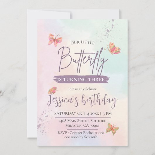 モダンエレガント可愛い蝶のテーマの誕生日 招待状 (正面)