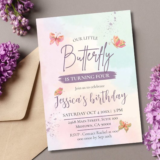 モダンエレガント可愛い蝶のテーマの4歳の誕生日 招待状