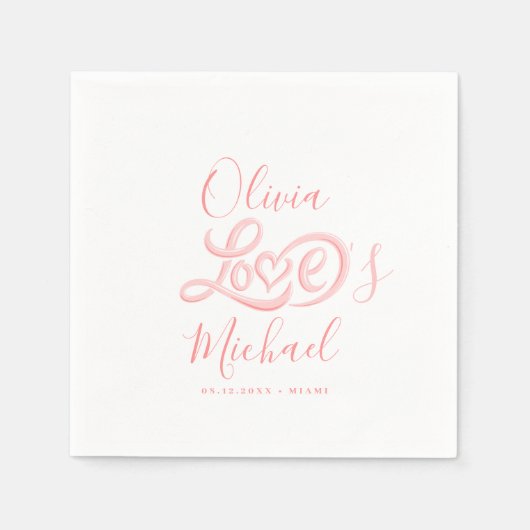 モダンエレガント台詞のカップル名をピンク結婚色に スタンダードカクテルナプキン (正面)