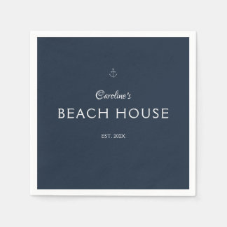 モダンエレガント名前をカスタムするネイビーブルーいかり スタンダードカクテルナプキン