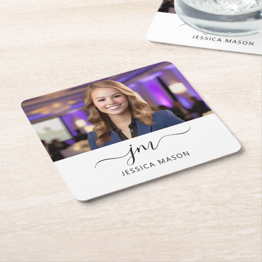 モダンエレガント名前をカスタムするモノグラムのスクリプト写真 スクエアペーパーコースター (アングル)