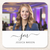 モダンエレガント名前をカスタムするモノグラムのスクリプト写真 スクエアペーパーコースター (正面)