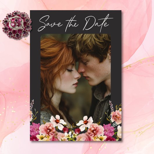 モダンエレガント夏の草地フローラブラック結婚ズ セーブザデート