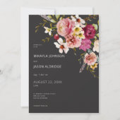 モダンエレガント夏の草地フローラブラック結婚ズ 招待状 (正面)
