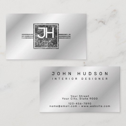 モダンエレガント大理石シルバーとラインテンプレート 名刺 (正面/裏面)