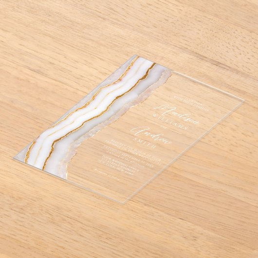 モダンエレガント大理石結婚の アクリル招待状 (レイダウン)