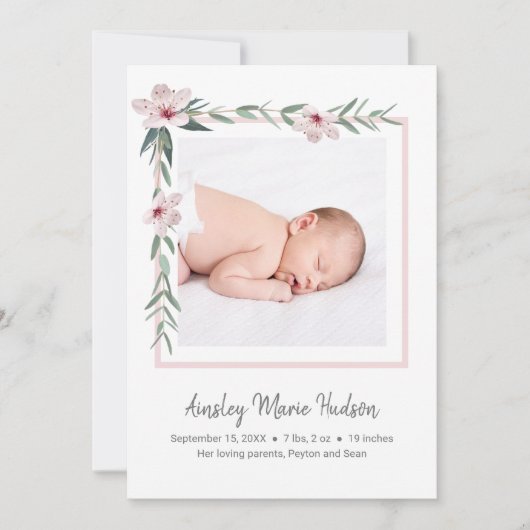 モダンエレガント新生児ガールフォト誕生 案内状 (正面)