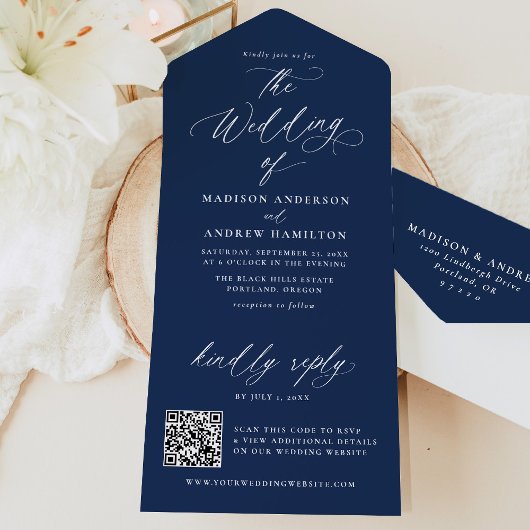 モダンエレガント書海軍結婚の オールインワン招待状