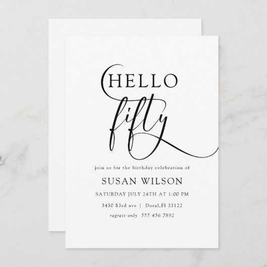 モダンエレガント書道Hello 50誕生日 招待状 (正面/裏面)