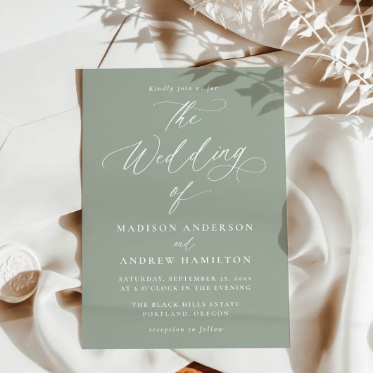 モダンエレガント書Sage Green結婚's 招待状