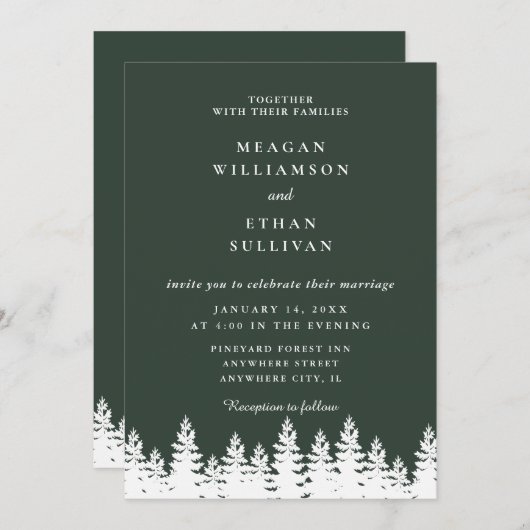 モダンエレガント森の緑の白い冬の結婚式 招待状 (正面/裏面)