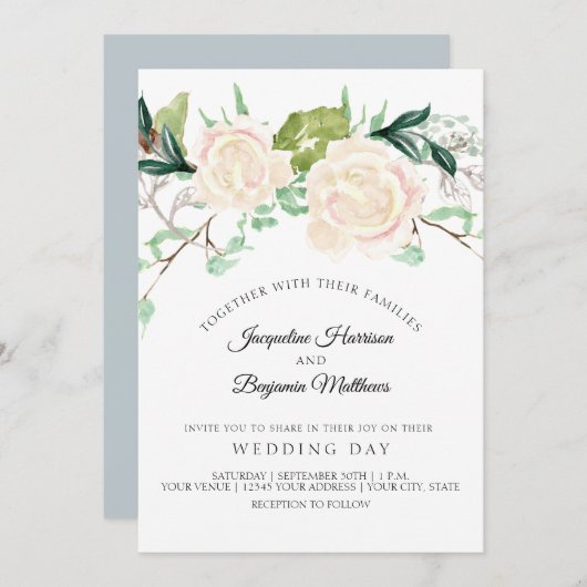 モダンエレガント水彩アート フローラル アイボリー ローズ 招待状 (正面/裏面)