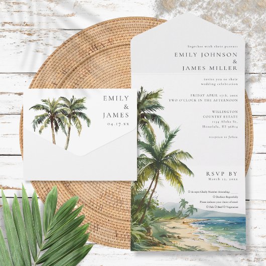 モダンエレガント水彩トロピカルビーチウェディング オールインワン招待状