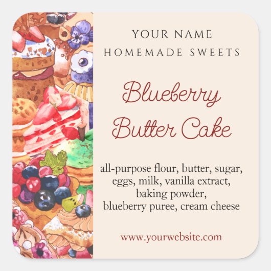 モダンエレガント水彩焼き菓子材料 スクエアシール (正面)