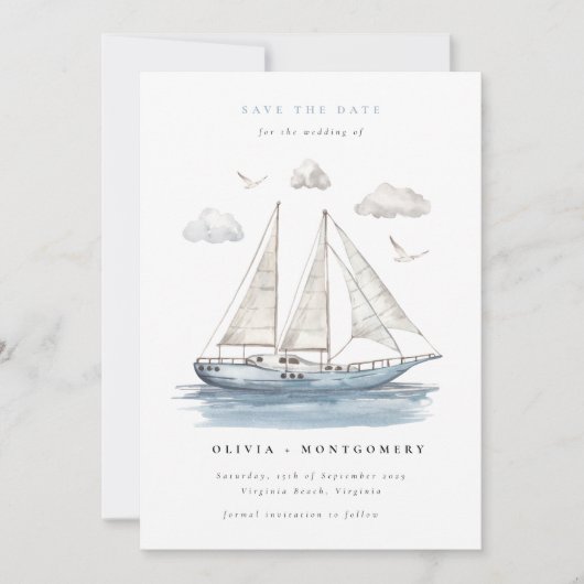 モダンエレガント水彩画セーリングヨット 招待状 (正面)