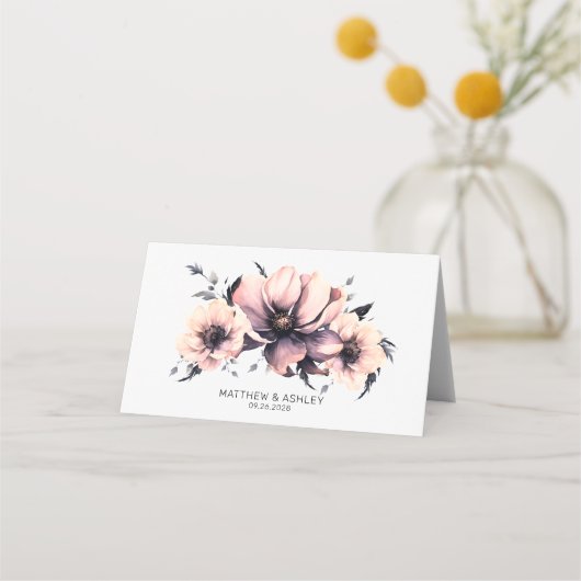 モダンエレガント水色ピンクフローラ結婚ズ プレイスカード (裏面)