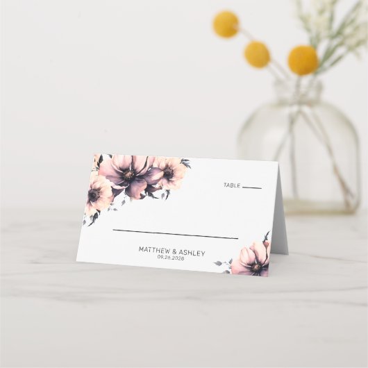 モダンエレガント水色ピンクフローラ結婚ズ プレイスカード (正面)