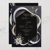 モダンエレガント白と金ゴールド結婚の 招待状 (正面/裏面)