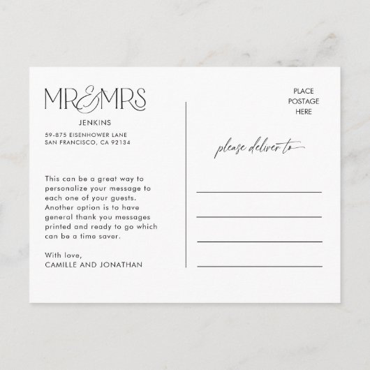 モダンエレガント白黒写真結婚さん ポストカード (裏面)