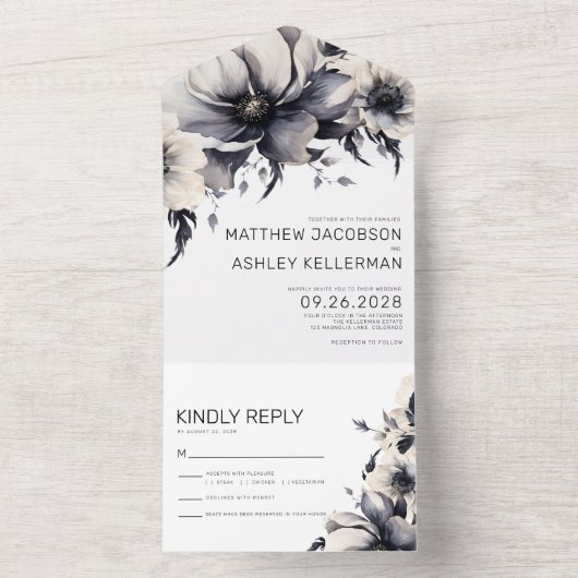 モダンエレガント白黒結婚フローラ オールインワン招待状 (内側)