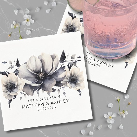 モダンエレガント白黒結婚フローラ スタンダードカクテルナプキン