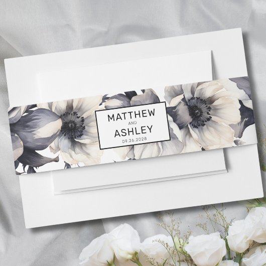 モダンエレガント白黒結婚フローラ 招待状ベリーバンド