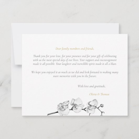 モダンエレガント白黒金ゴールド結婚蘭 サンキューカード (裏面)
