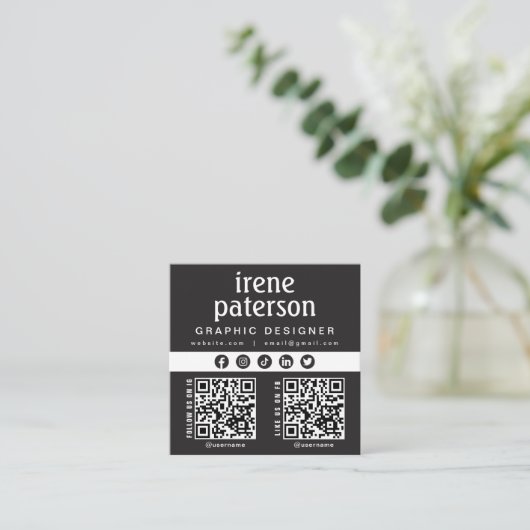 モダンエレガント白黒QRコードSNS スクエア名刺 (スタンド正面)