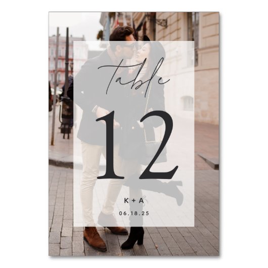 モダンエレガント結婚写真のイニシャルと日付 テーブルナンバー (正面)