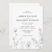 モダンエレガント線アートワイルドフラワーのフローラ結婚ズ 招待状 (正面/裏面)