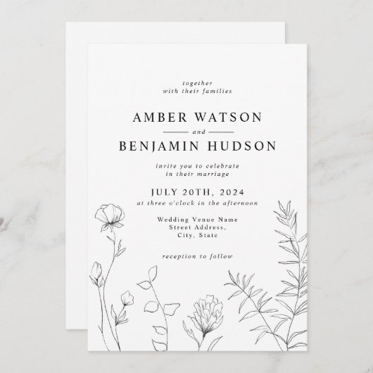 モダンエレガント線アートワイルドフラワーのフローラ結婚ズ 招待状 (正面/裏面)