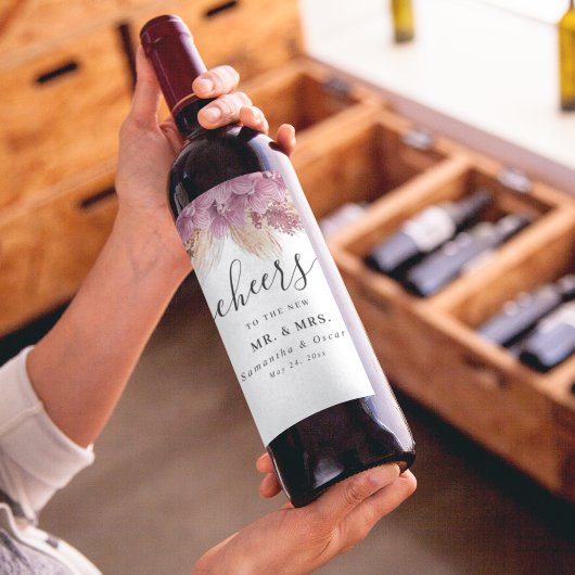 モダンエレガント美しいピンクオーキッド&パンパス&金ゴールド ワインラベル