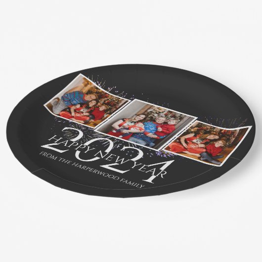 モダンエレガント花火お正月おめでとうさん写真3 ペーパープレート (アングル)