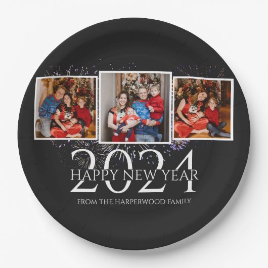 モダンエレガント花火お正月おめでとうさん写真3 ペーパープレート (正面)