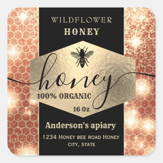 モダンエレガント花金ゴールドハチの台本 スクエアシール (正面)