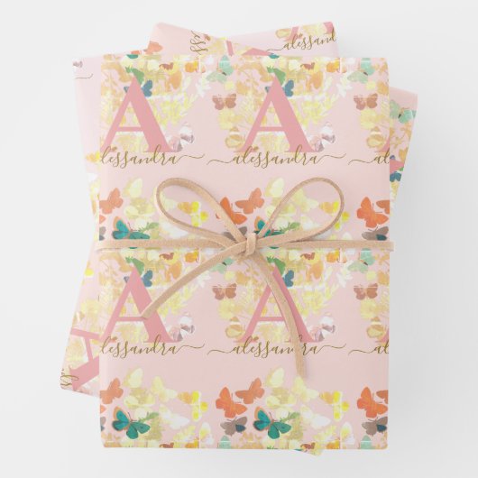 モダンエレガント蝶モノグラム赤面金ゴールド名 ラッピングペーパーシート (インサイチュ)