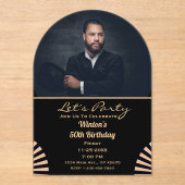 モダンエレガント誕生日写真金ゴールドと黒パーティー アクリル招待状 (正面)