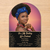 モダンエレガント誕生日写真金ゴールドと黒パーティー アクリル招待状 (正面)