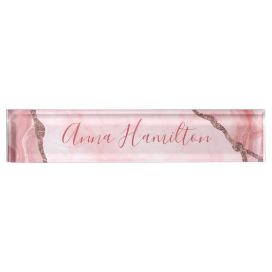 モダンエレガント赤面ピンクアゲイト デスクネームプレート (正面)