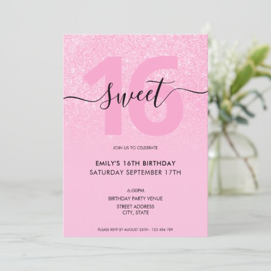 モダンエレガント赤面ピンクグリッタースウィート16 招待状 (スタンド正面)
