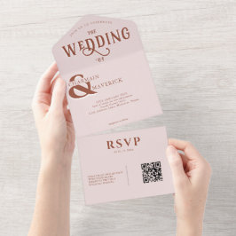 モダンエレガント赤面ピンクQRコー結婚ド オールインワン招待状