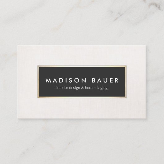 モダンエレガント金ゴールドが並んだ黒とベージュリネン 名刺 (正面)