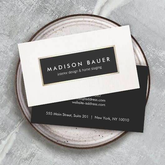 モダンエレガント金ゴールドが並んだ黒とベージュリネン 名刺