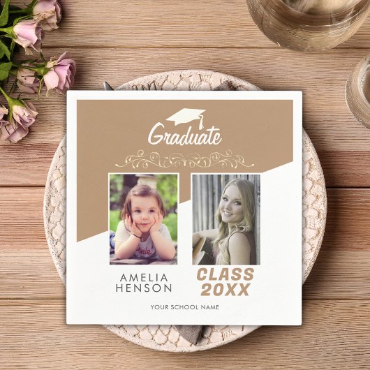 モダンエレガント金ゴールドオーナメント2写真卒業 スタンダードカクテルナプキン