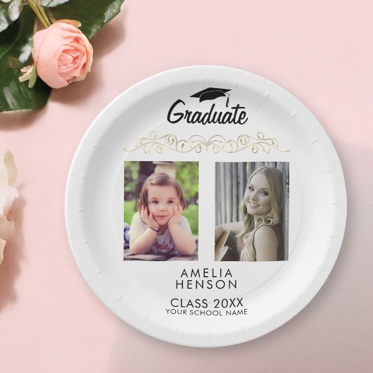 モダンエレガント金ゴールドオーナメント2写真卒業 ペーパープレート