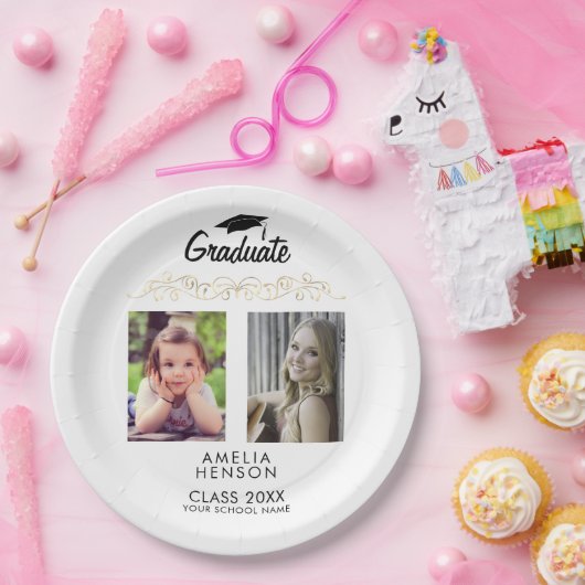 モダンエレガント金ゴールドオーナメント2写真卒業 ペーパープレート (パーティー)